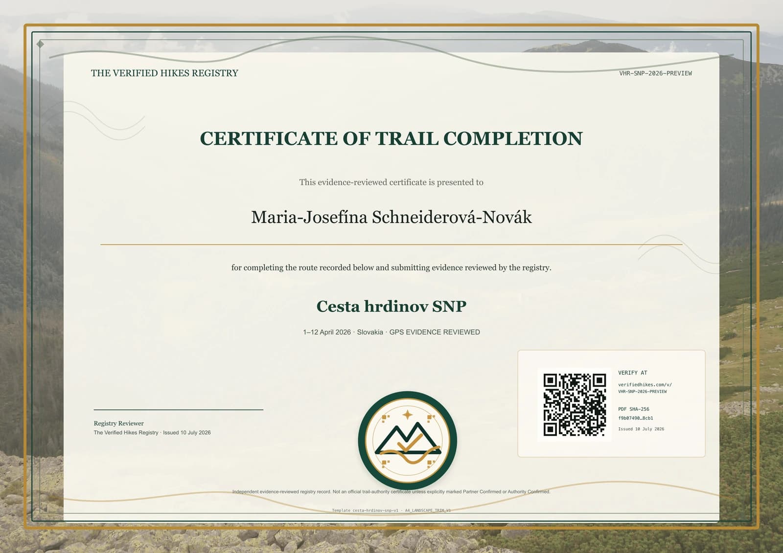 Cesta hrdinov SNP place-specific certificate preview