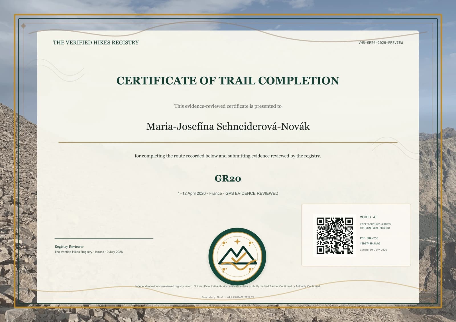 GR20 place-specific certificate preview