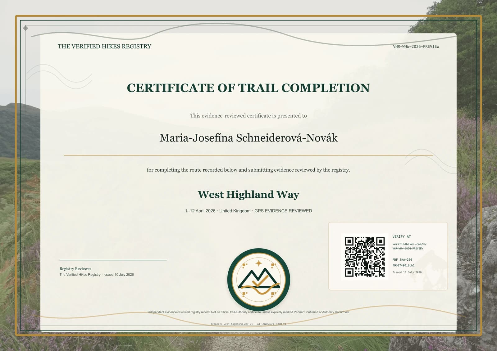 West Highland Way place-specific certificate preview
