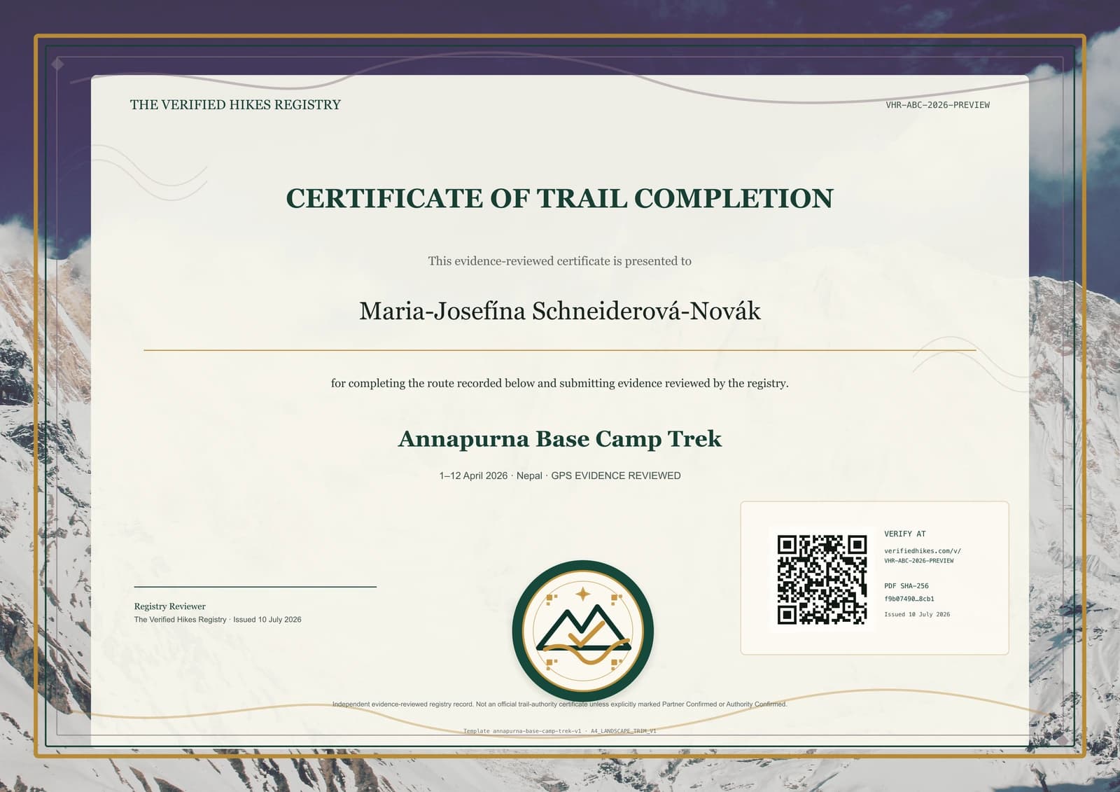 Annapurna Base Camp Trek place-specific certificate preview