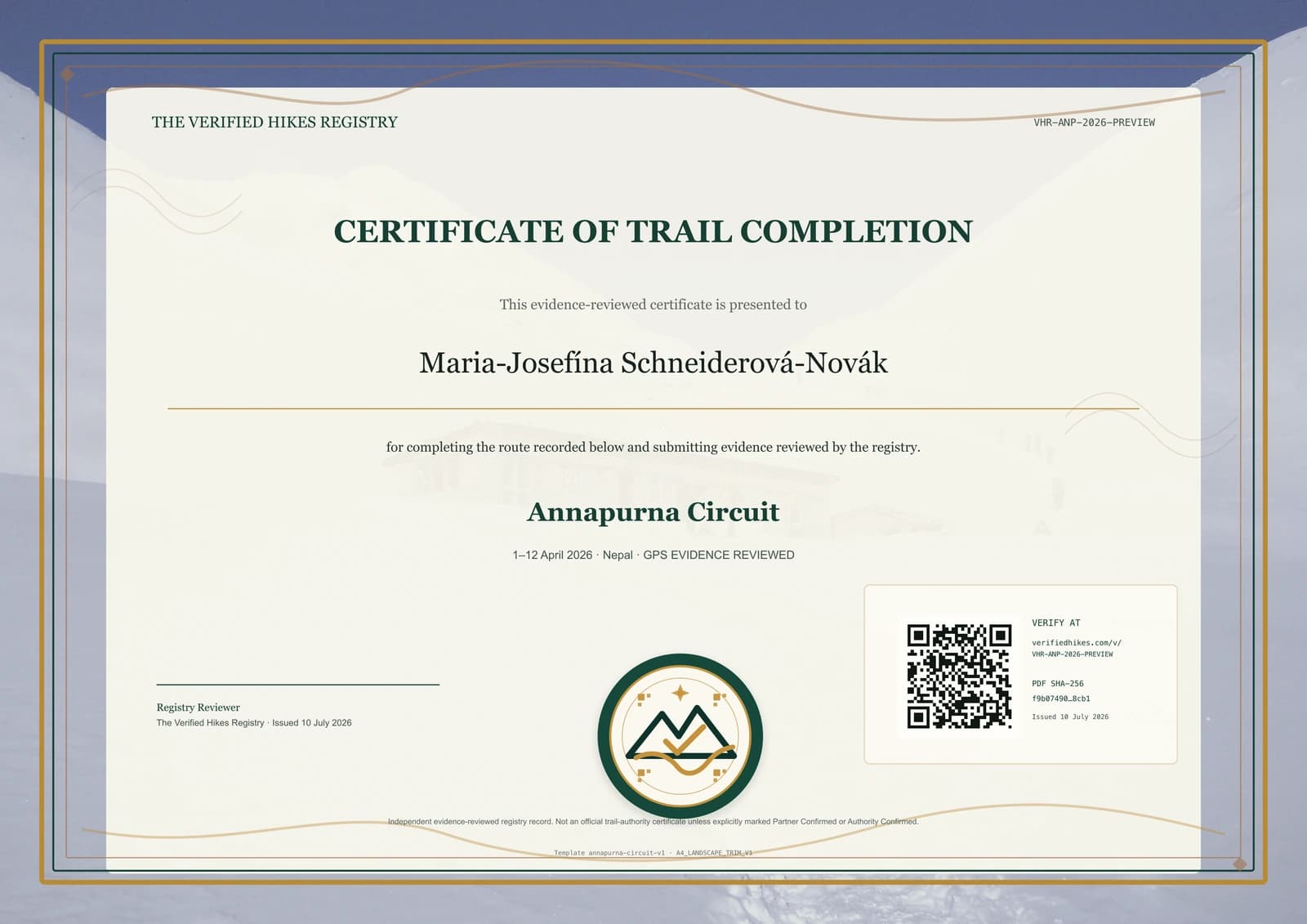 Annapurna Circuit place-specific certificate preview