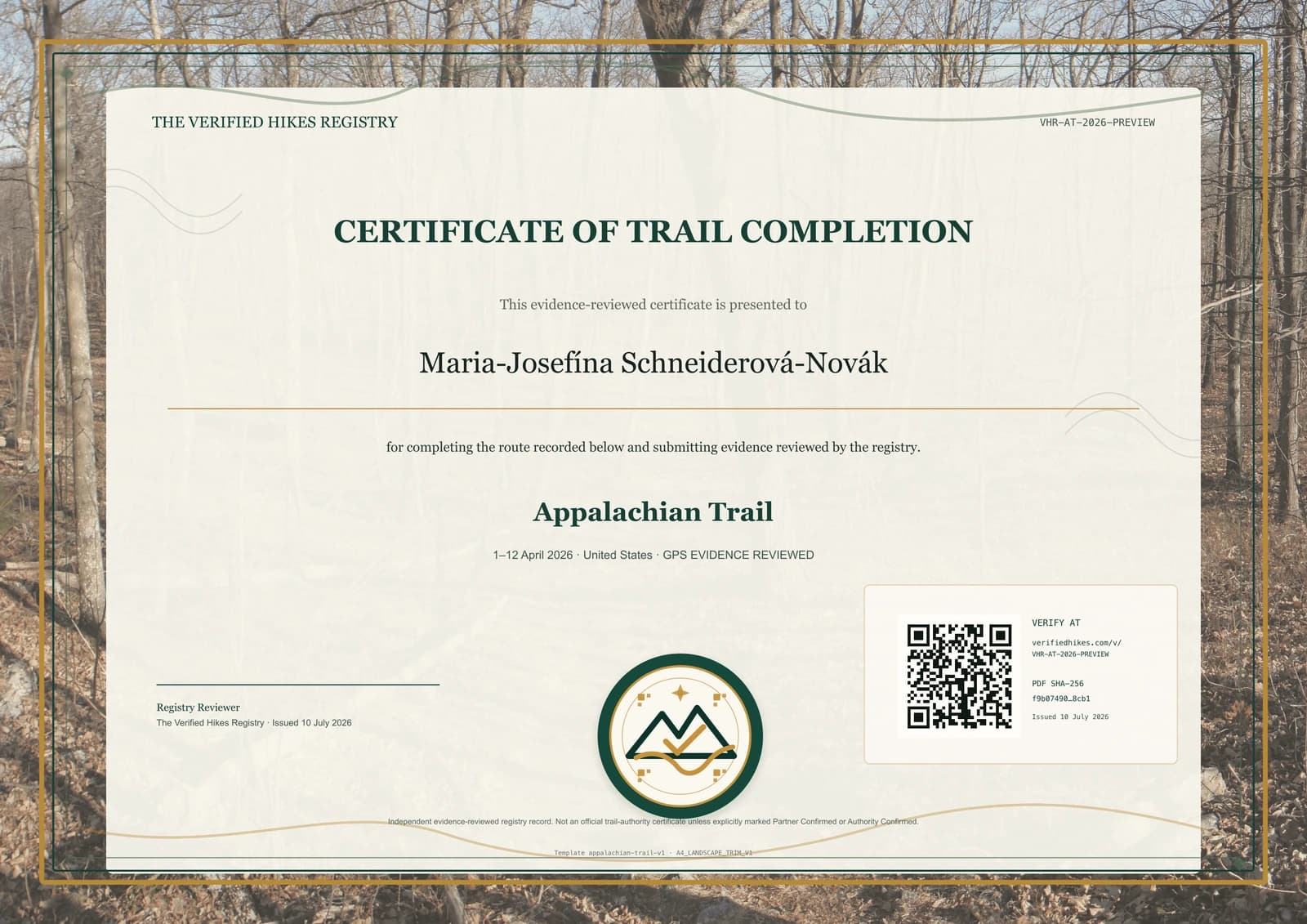 Appalachian Trail place-specific certificate preview