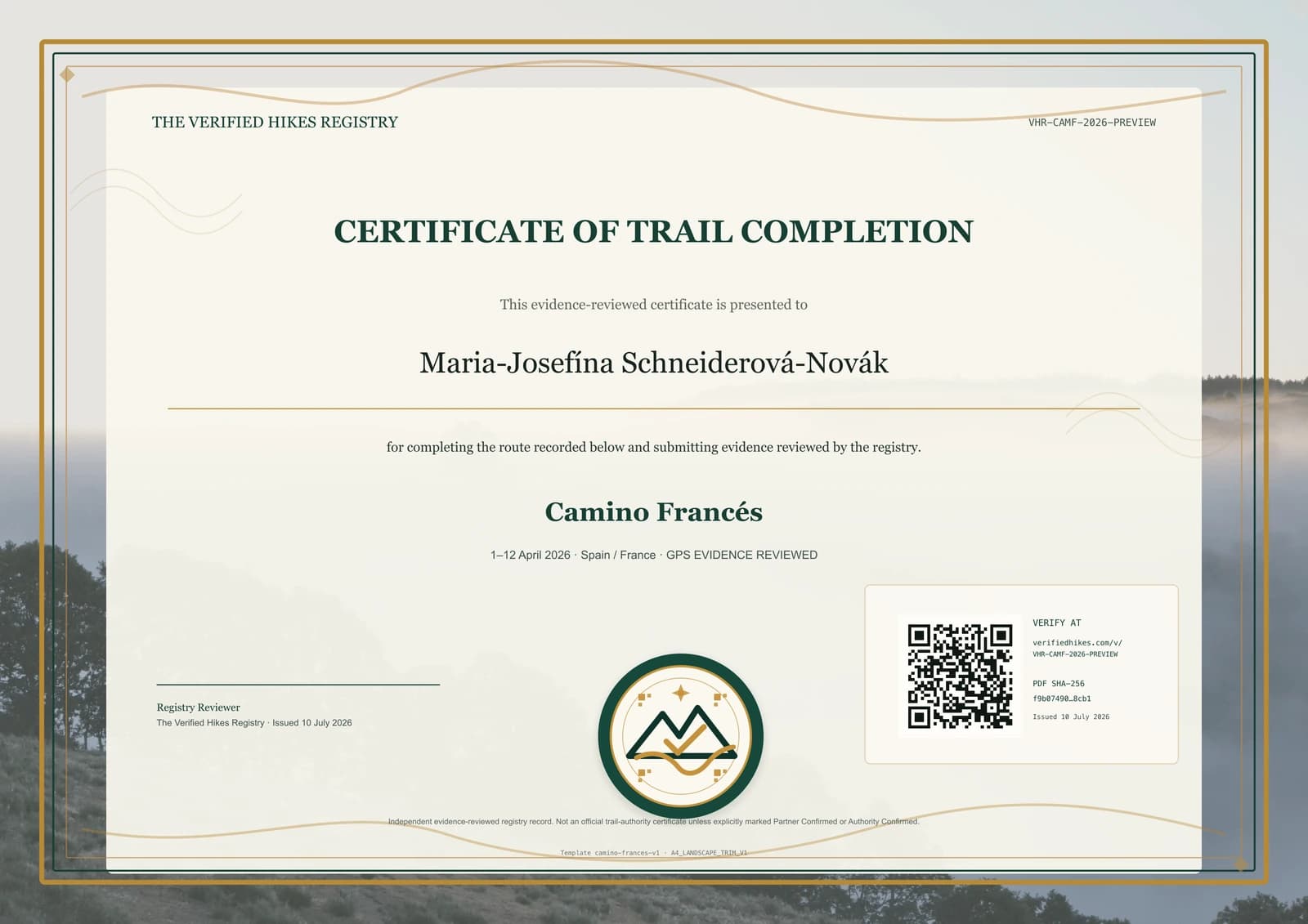 Camino Francés place-specific certificate preview