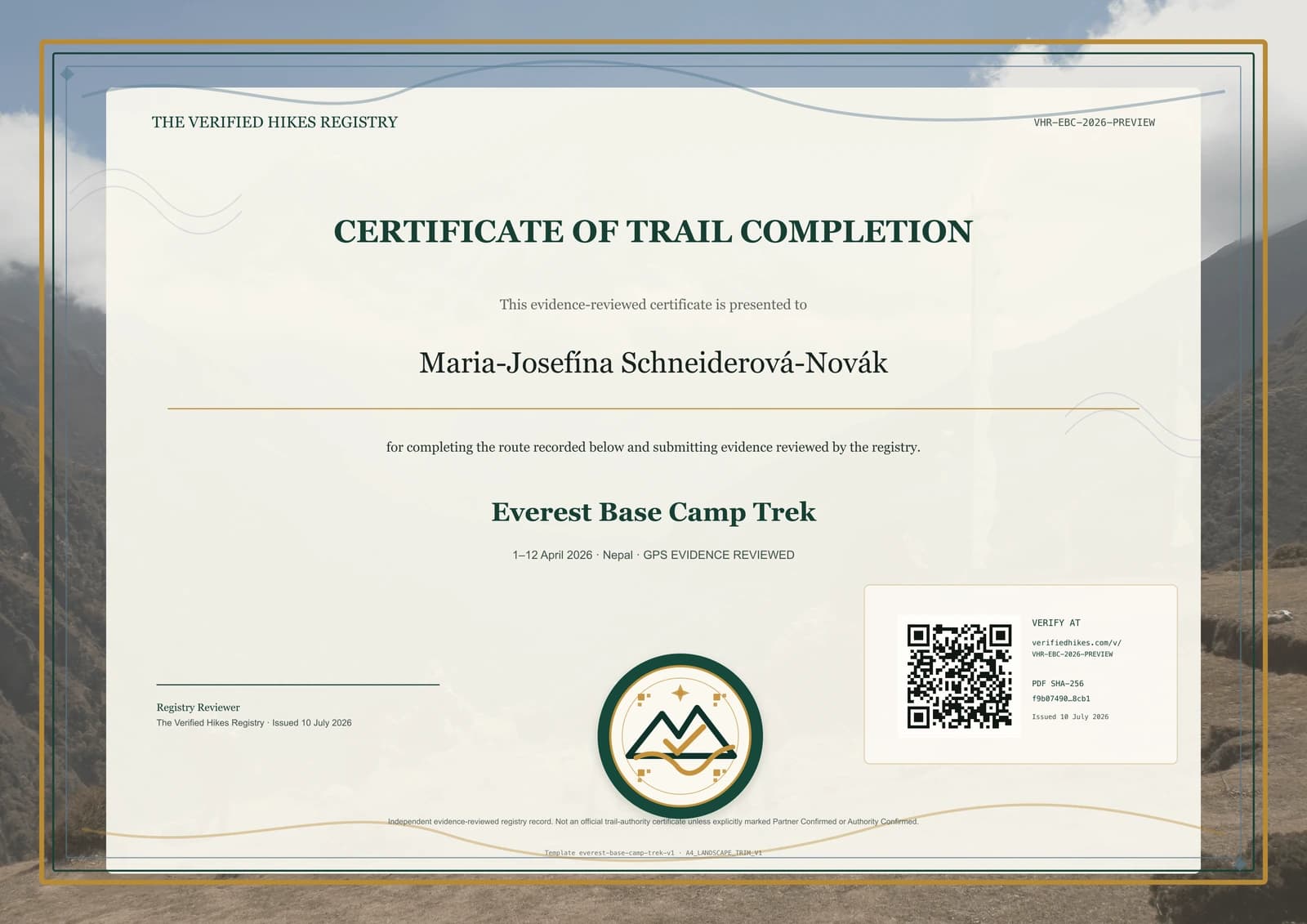 Everest Base Camp Trek place-specific certificate preview