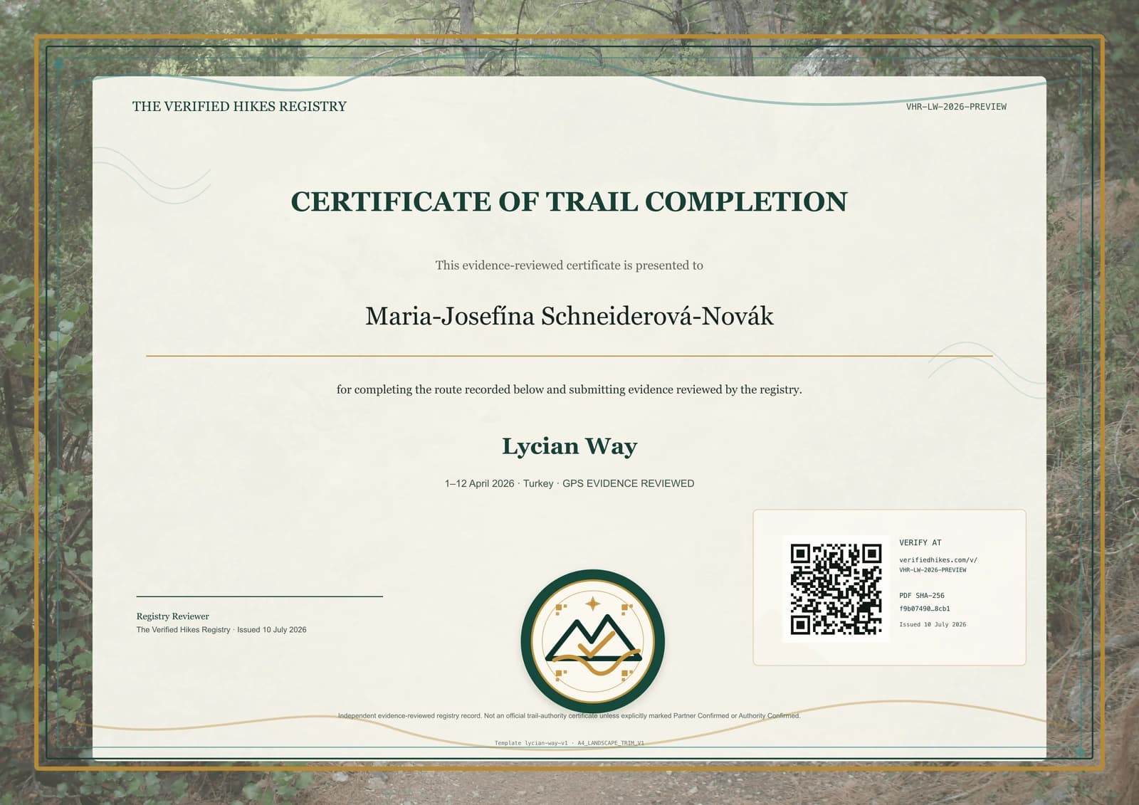 Lycian Way place-specific certificate preview