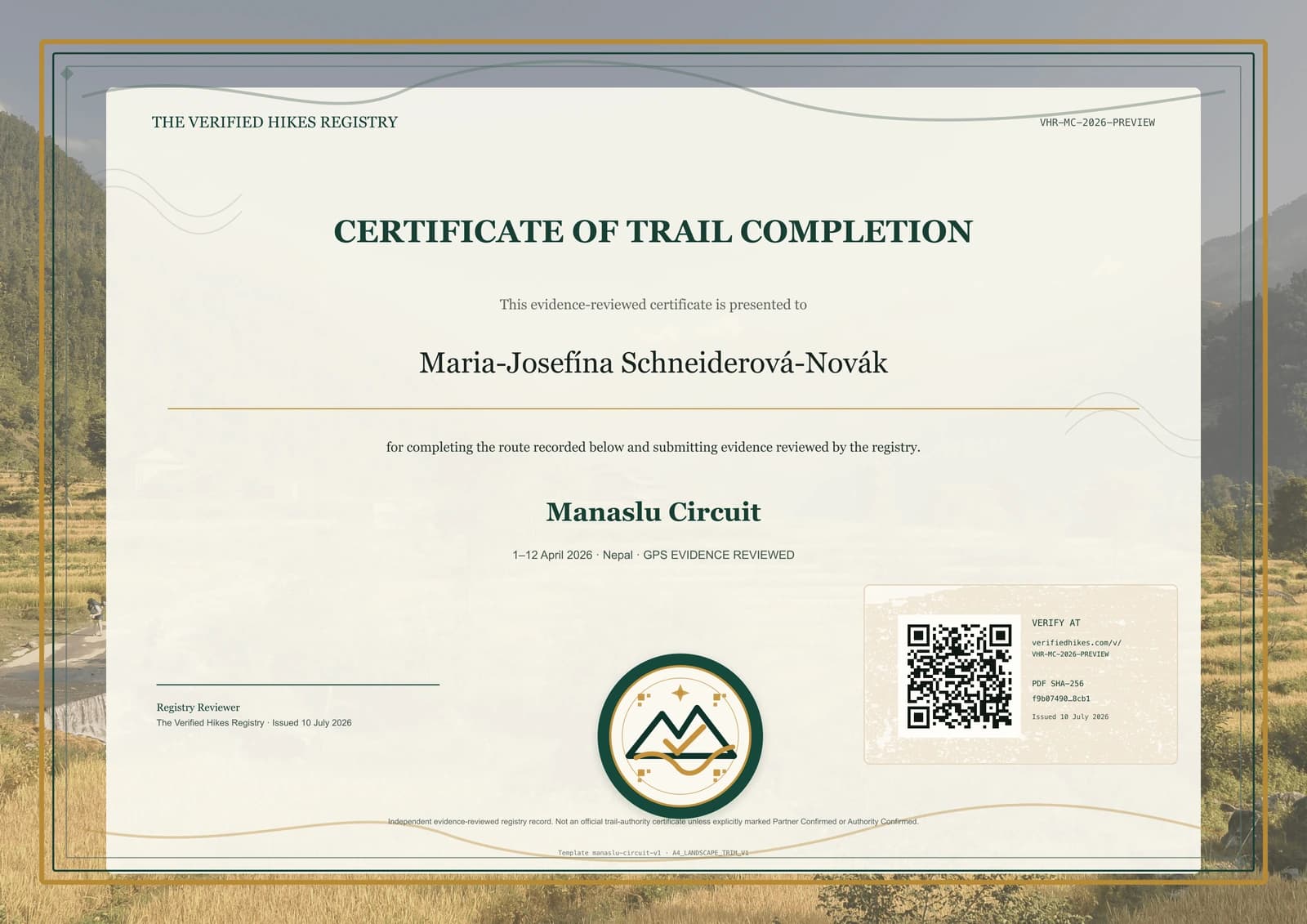 Manaslu Circuit place-specific certificate preview