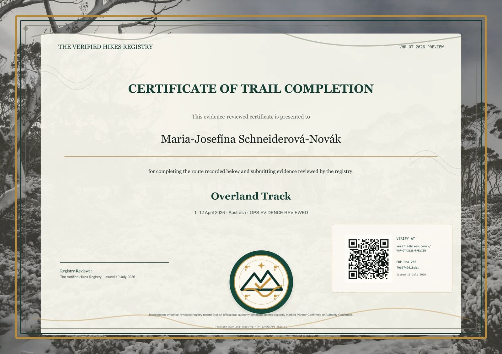 Overland Track place-specific certificate preview