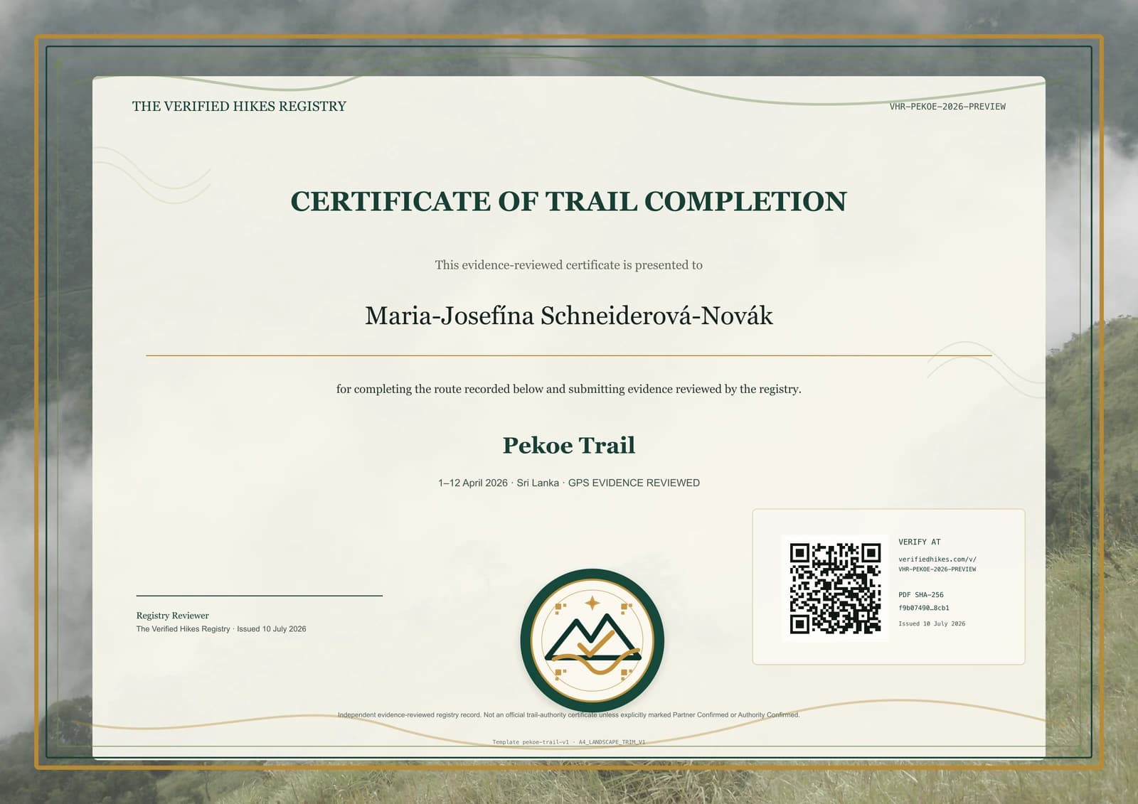 Pekoe Trail place-specific certificate preview